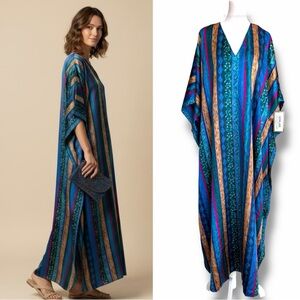 NWT Winlar Jewel Tone Blue Green Striped Caftan Maxi Dress One Size Fits 0 To 4X